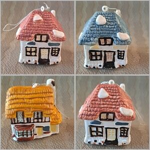 Vintage Mini Cottage Christmas Village Ornaments 4pc Set
